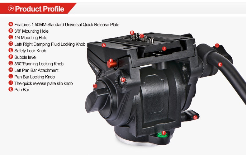 Tête fluide hydraulique panoramique KINGJOY VT-3510 pour trépied, reflex...