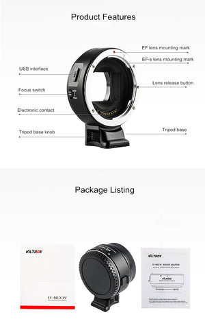 Bague d'adaptation Viltrox EF-NEX IV pour Canon EOS EF EF-S vers Sony E NEX Full Frame A9 A7III A7RII A7SII A6500 A6300...