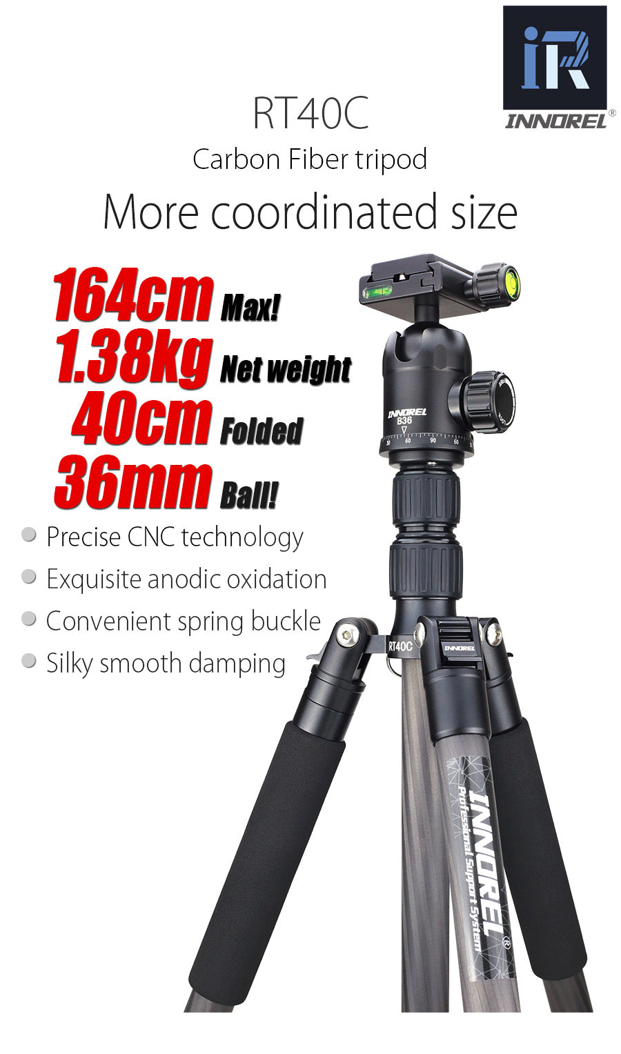 Trépied tripod professionnel Innorel RT40C 14kg 164 cm en fibre de carbone 1.38Kg