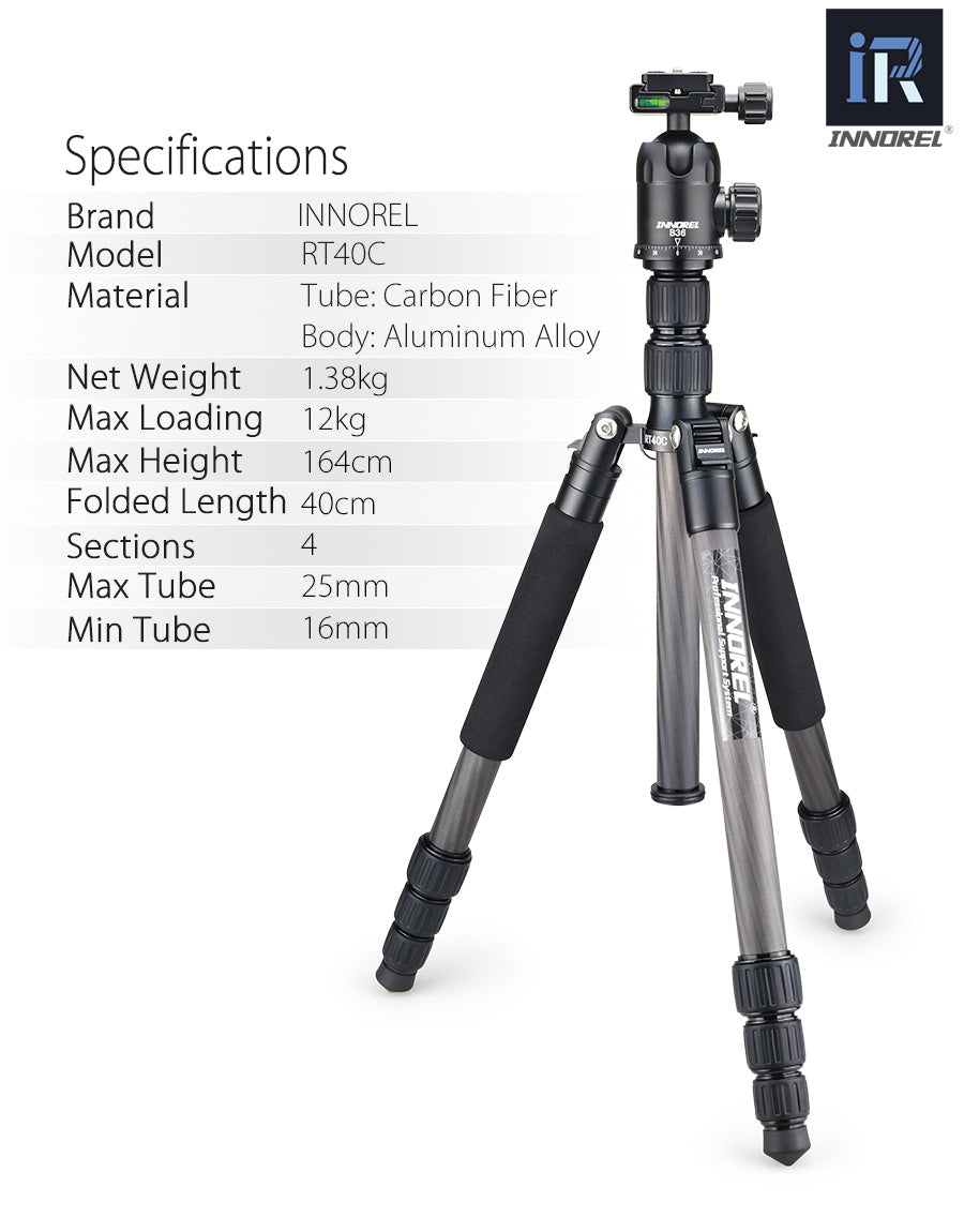 Trépied tripod professionnel Innorel RT40C 14kg 164 cm en fibre de carbone 1.38Kg