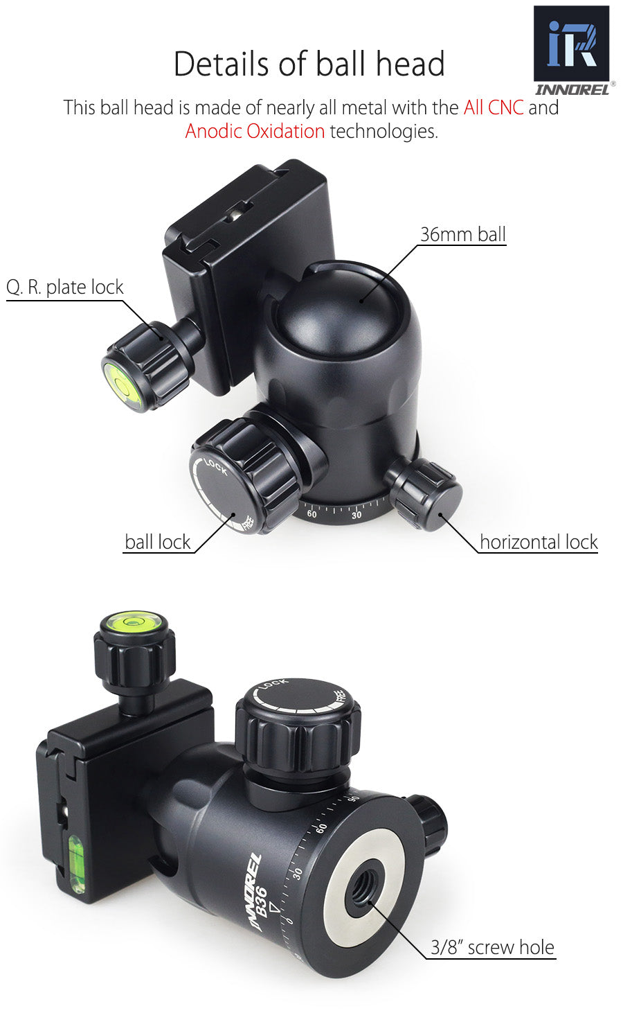 Trépied tripod professionnel Innorel RT40C 14kg 164 cm en fibre de carbone 1.38Kg