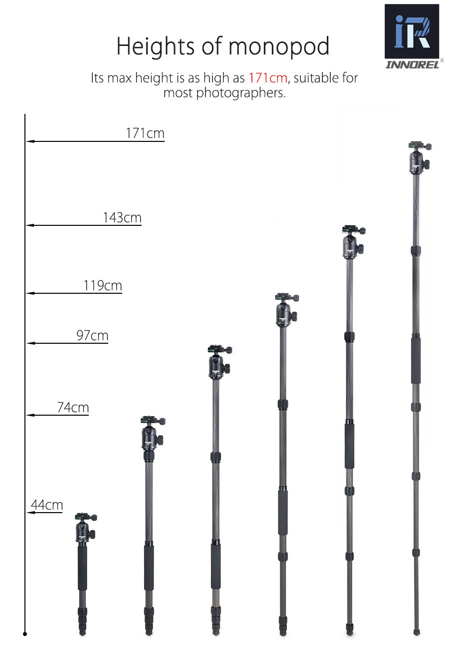 Trépied tripod professionnel Innorel RT40C 14kg 164 cm en fibre de carbone 1.38Kg