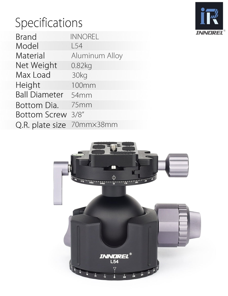 Rotule Innorel L54 et L44 pour trépied standard monté sur sphère 25Kg et 30Kg