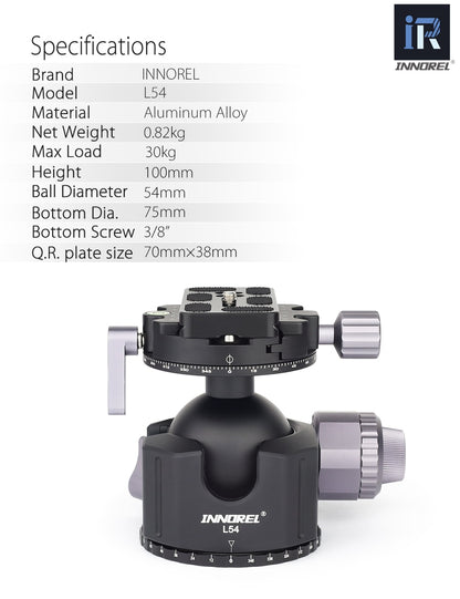 Rotule Innorel L54 et L44 pour trépied standard monté sur sphère 25Kg et 30Kg
