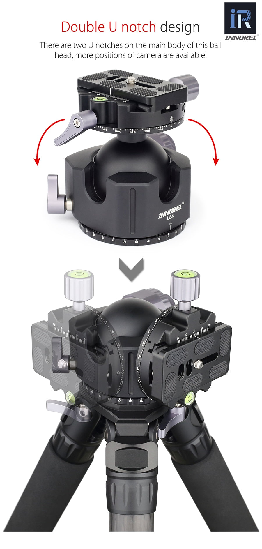 Rotule Innorel L54 et L44 pour trépied standard monté sur sphère 25Kg et 30Kg