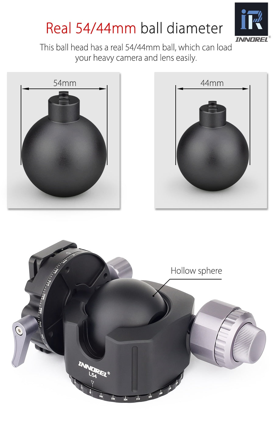 Rotule Innorel L54 et L44 pour trépied standard monté sur sphère 25Kg et 30Kg