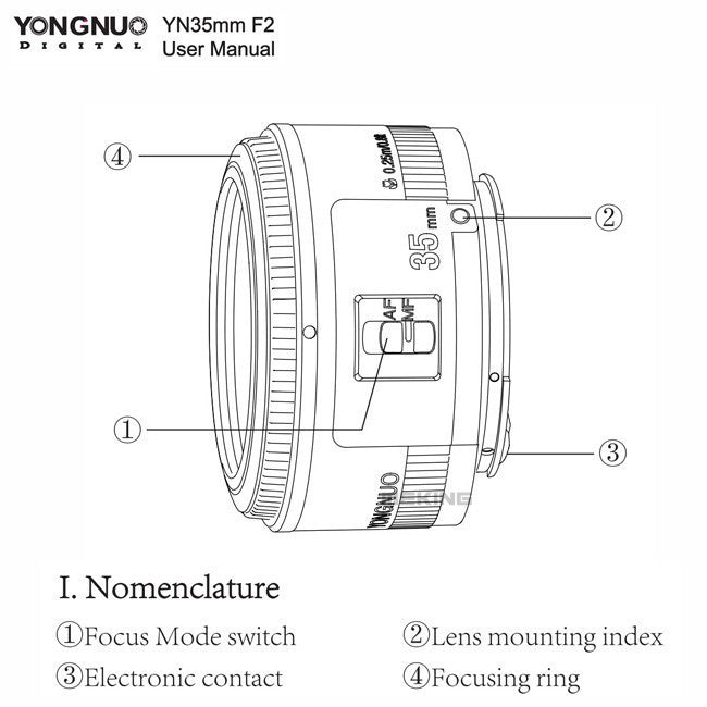 Objectif Yongnuo 35mm YN35mm F2 pour Nikon F Mount et canon EF