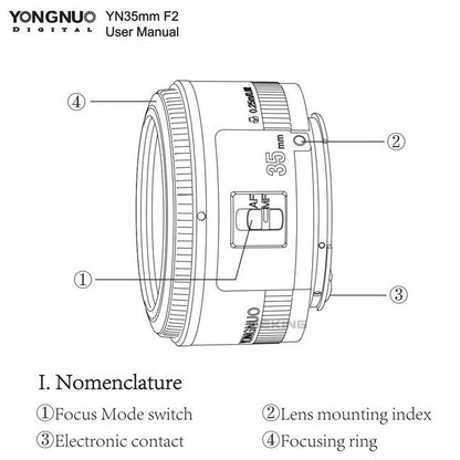 Objectif Yongnuo 35mm YN35mm F2 pour Nikon F Mount et canon EF