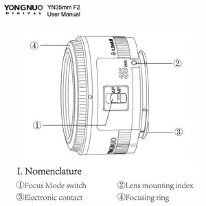 Objectif Yongnuo 35mm YN35mm F2 pour Nikon F Mount et canon EF