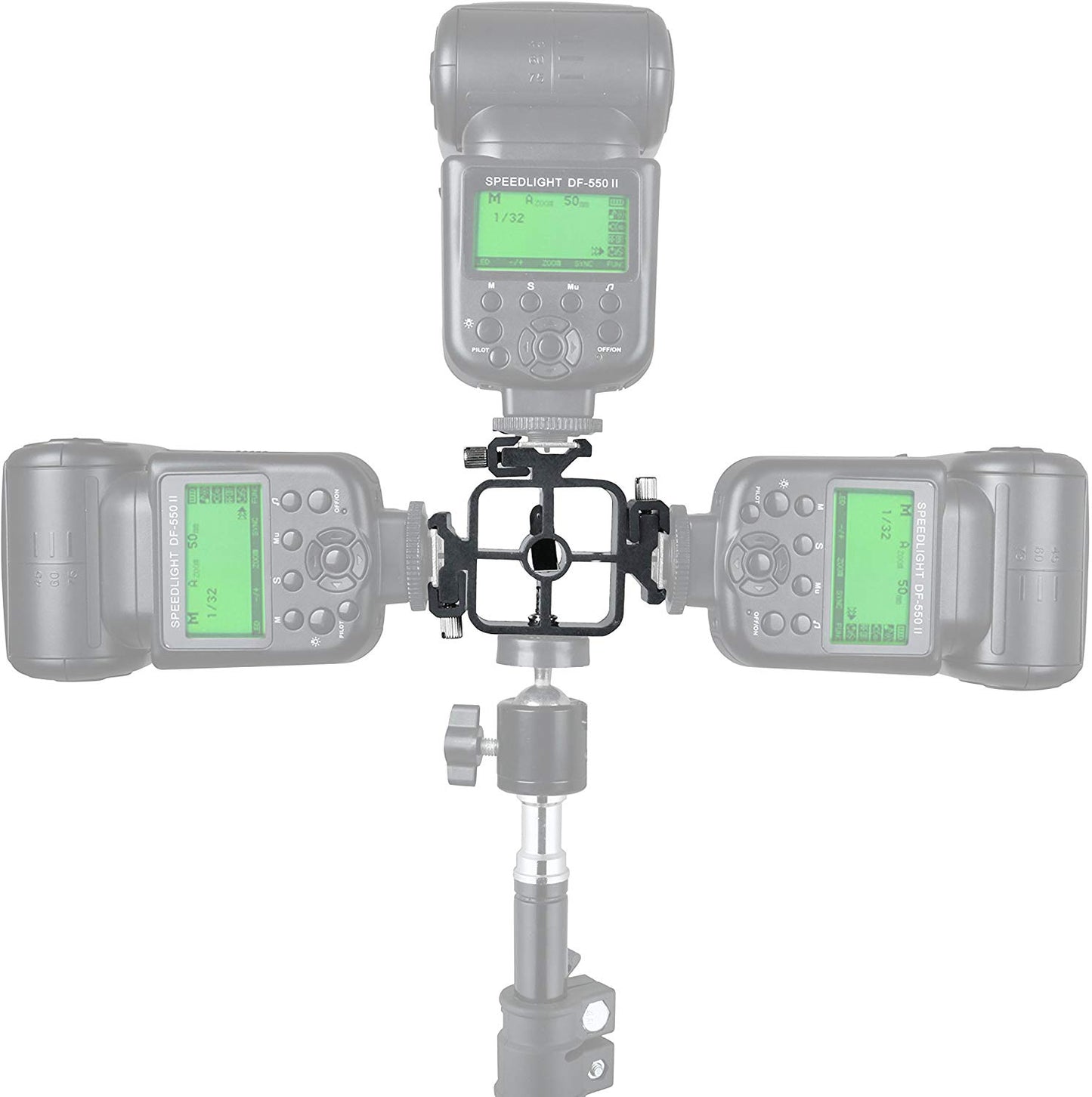 Support 3 en 1 pour fixer 3 flashs à un trépied + 1 parapluie réflecteur