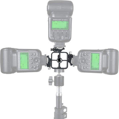 Support 3 en 1 pour fixer 3 flashs à un trépied + 1 parapluie réflecteur