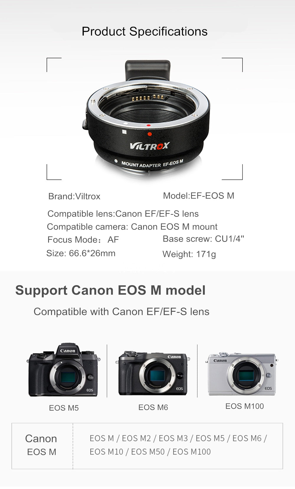 Bague d'adaptation Viltrox EF-EOSM  AF pour objectif Canon EF EF-S vers EOS M EF-M M2 M3 M5 M6 M10 M50 M100