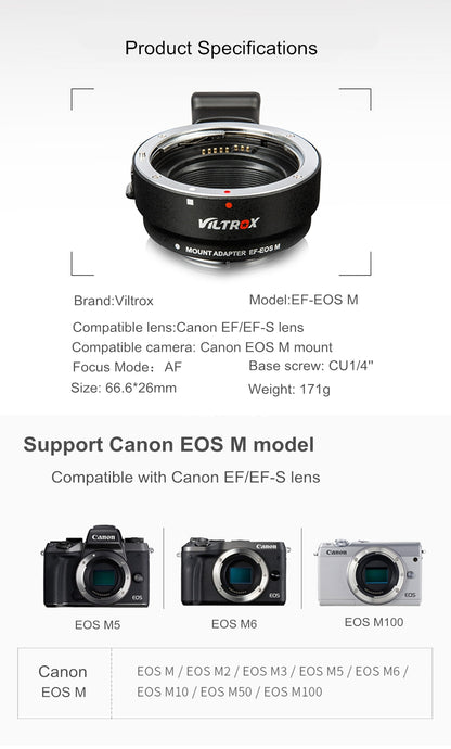 Bague d'adaptation Viltrox EF-EOSM  AF pour objectif Canon EF EF-S vers EOS M EF-M M2 M3 M5 M6 M10 M50 M100
