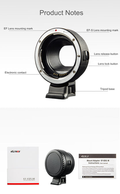 Bague d'adaptation Viltrox EF-EOSM  AF pour objectif Canon EF EF-S vers EOS M EF-M M2 M3 M5 M6 M10 M50 M100