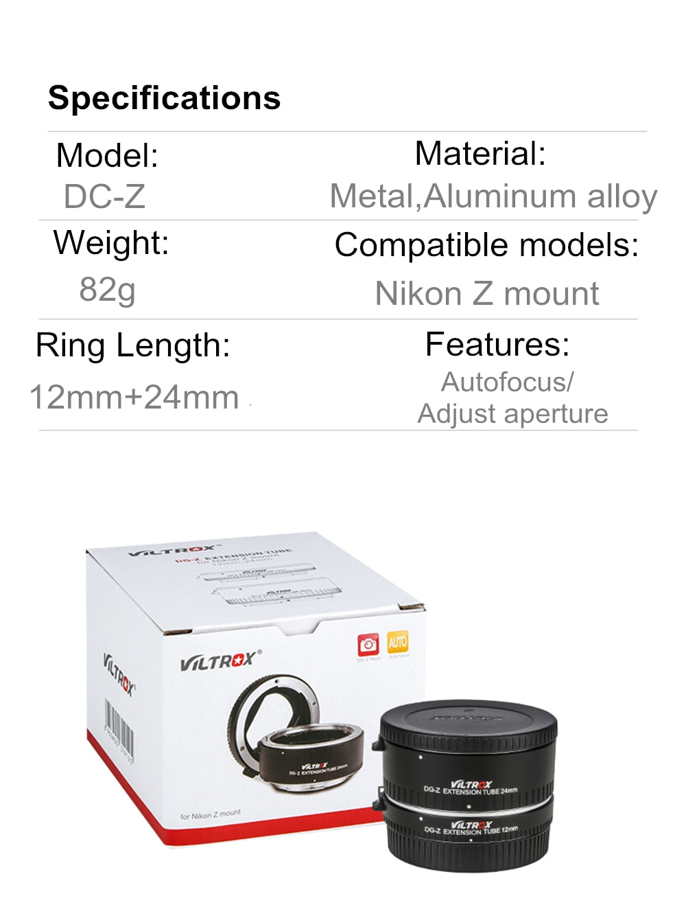 Bague d'adaptation macro Viltrox DG-Z AF pour Nikon Z mount Z6 Z7 Z50