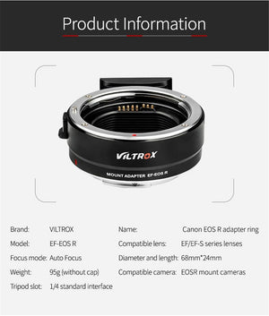 Bague d'adaptation Viltrox EF-EOS R pour objectif Canon EOS EF/EF-S vers reflex Canon RF Camera EOS R R6 RP R5