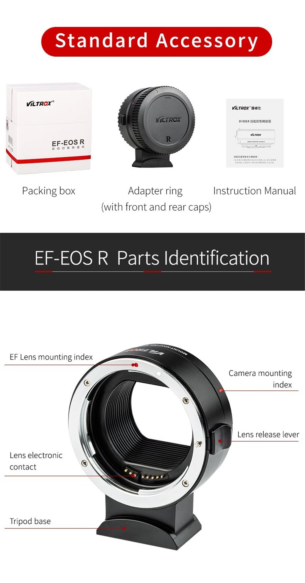 Bague d'adaptation Viltrox EF-EOS R pour objectif Canon EOS EF/EF-S vers reflex Canon RF Camera EOS R R6 RP R5