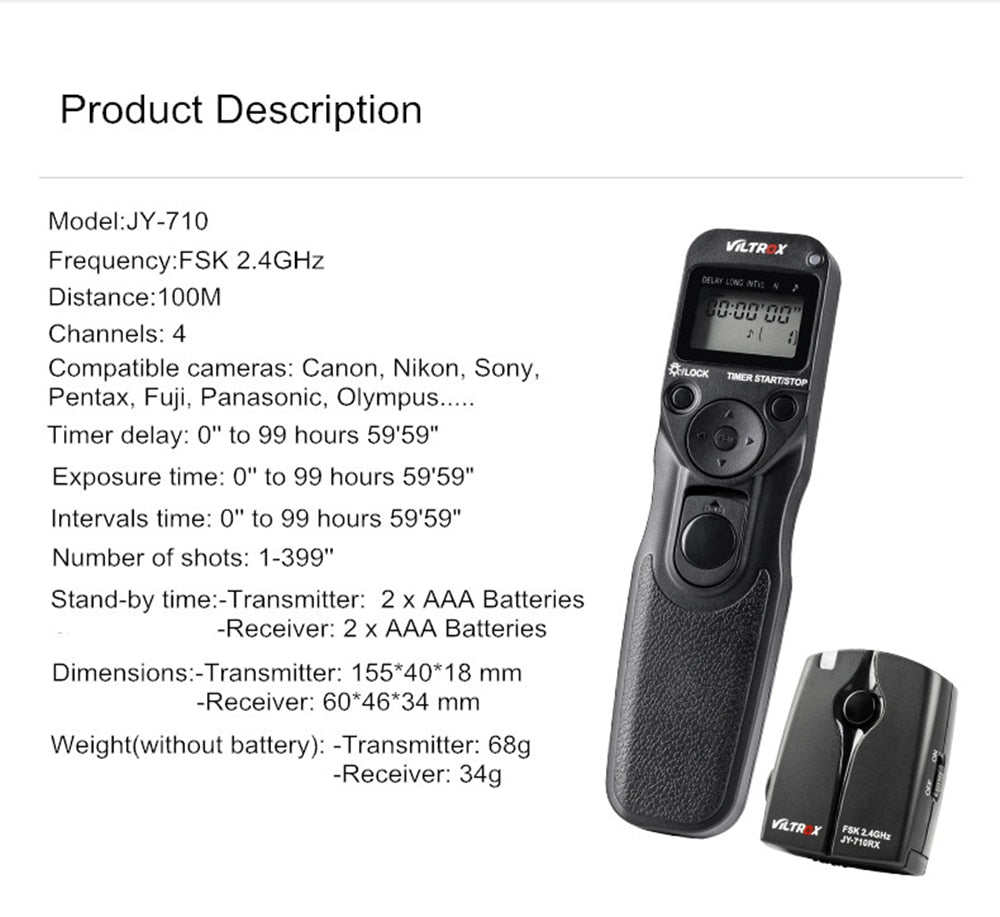 Télécommande Viltrox JY-710 avec son récepteur pour Canon, Nikon, Panasonic, Sony...