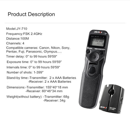 Télécommande Viltrox JY-710 avec son récepteur pour Canon, Nikon, Panasonic, Sony...