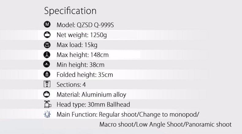 Trépied Monopod Beike QZSD Q999S 148cm 15 Kg min 38cm pour macro et shooting standard
