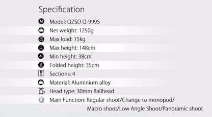 Trépied Monopod Beike QZSD Q999S 148cm 15 Kg min 38cm pour macro et shooting standard