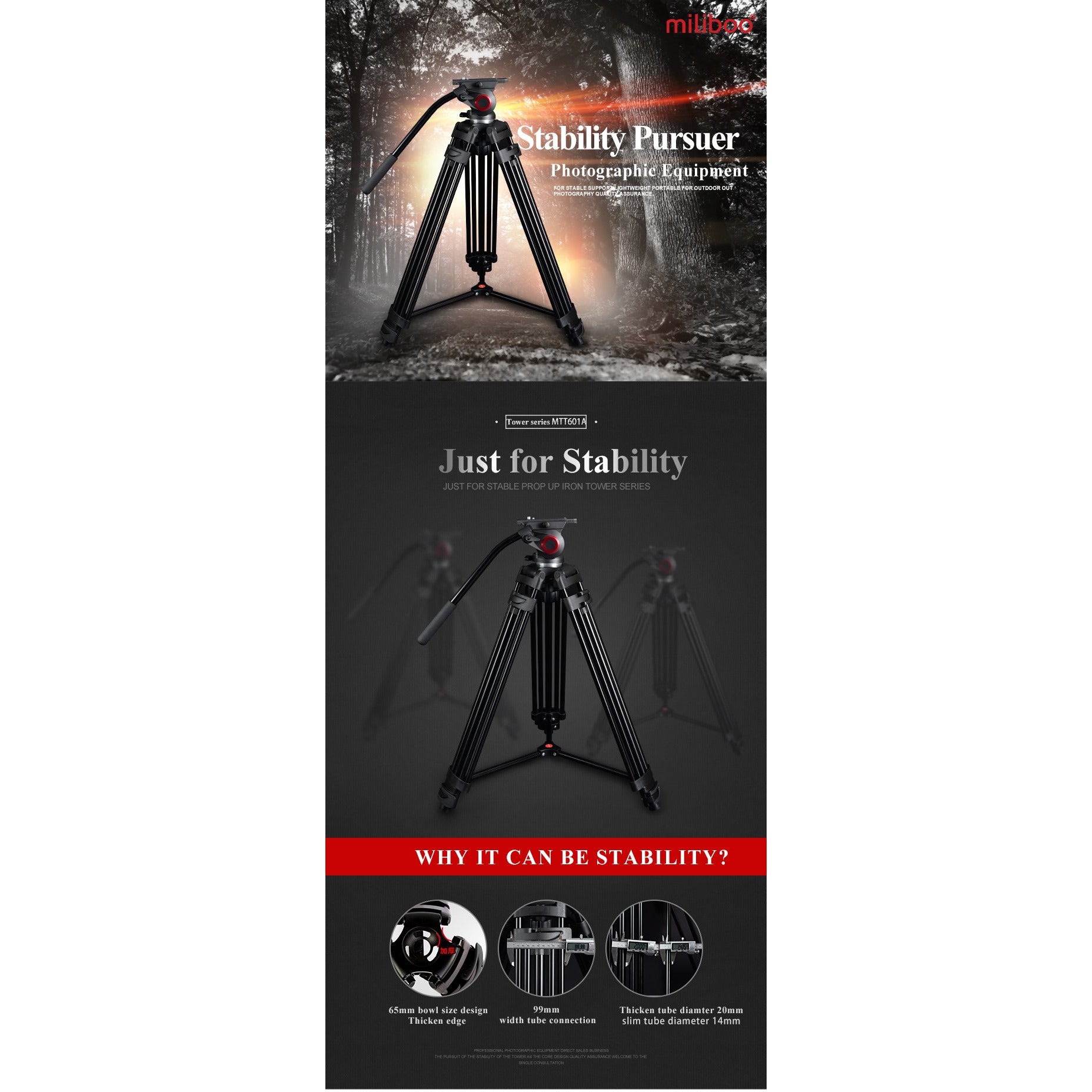 Trépied tripod professionnel Miliboo MTT601A 10kg 153 cm à tête panoramique en fibre de carbone