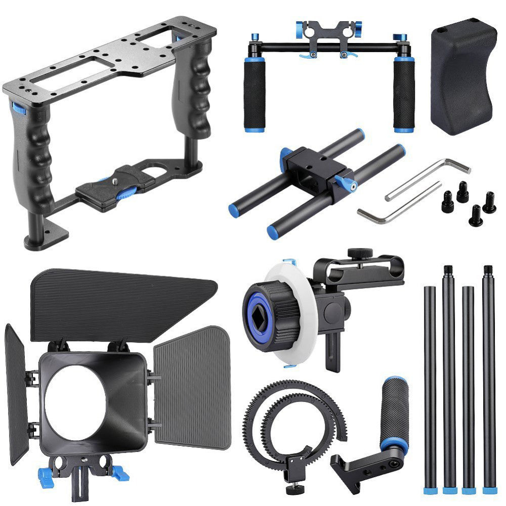 Kit de démarrage vidéo YELANGU Cage + barre épaule + Follow Focus + matbox