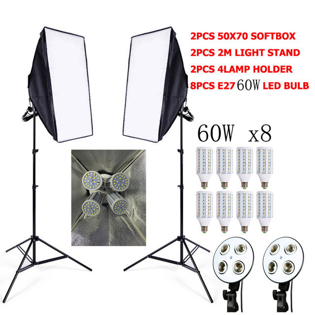 Kit éclairage LED Studio professionnel avec 8 LED 60 w + Adoucisseur x2 + trépied x2