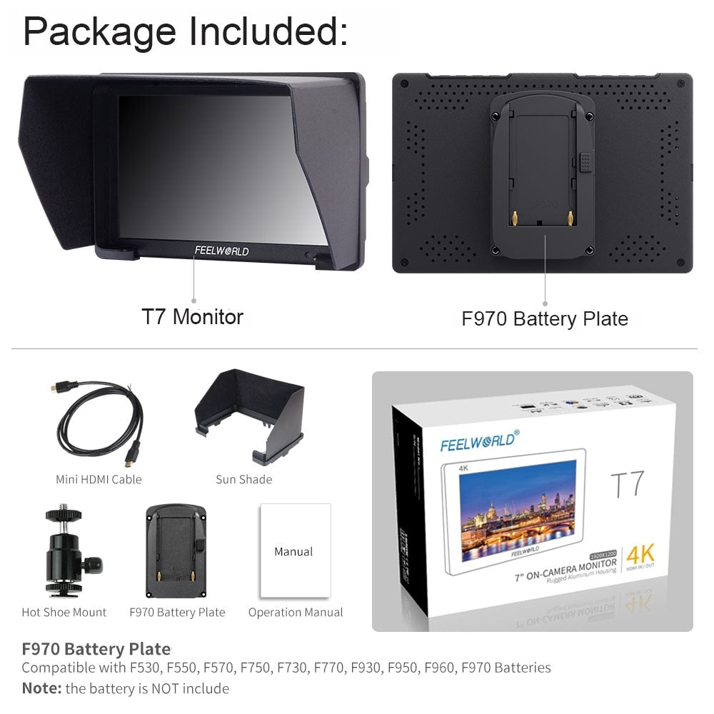 Moniteur Feelworld T7 haute qualité 7 pouces IPS 1920x1200 HDMI pour reflex 4K ...