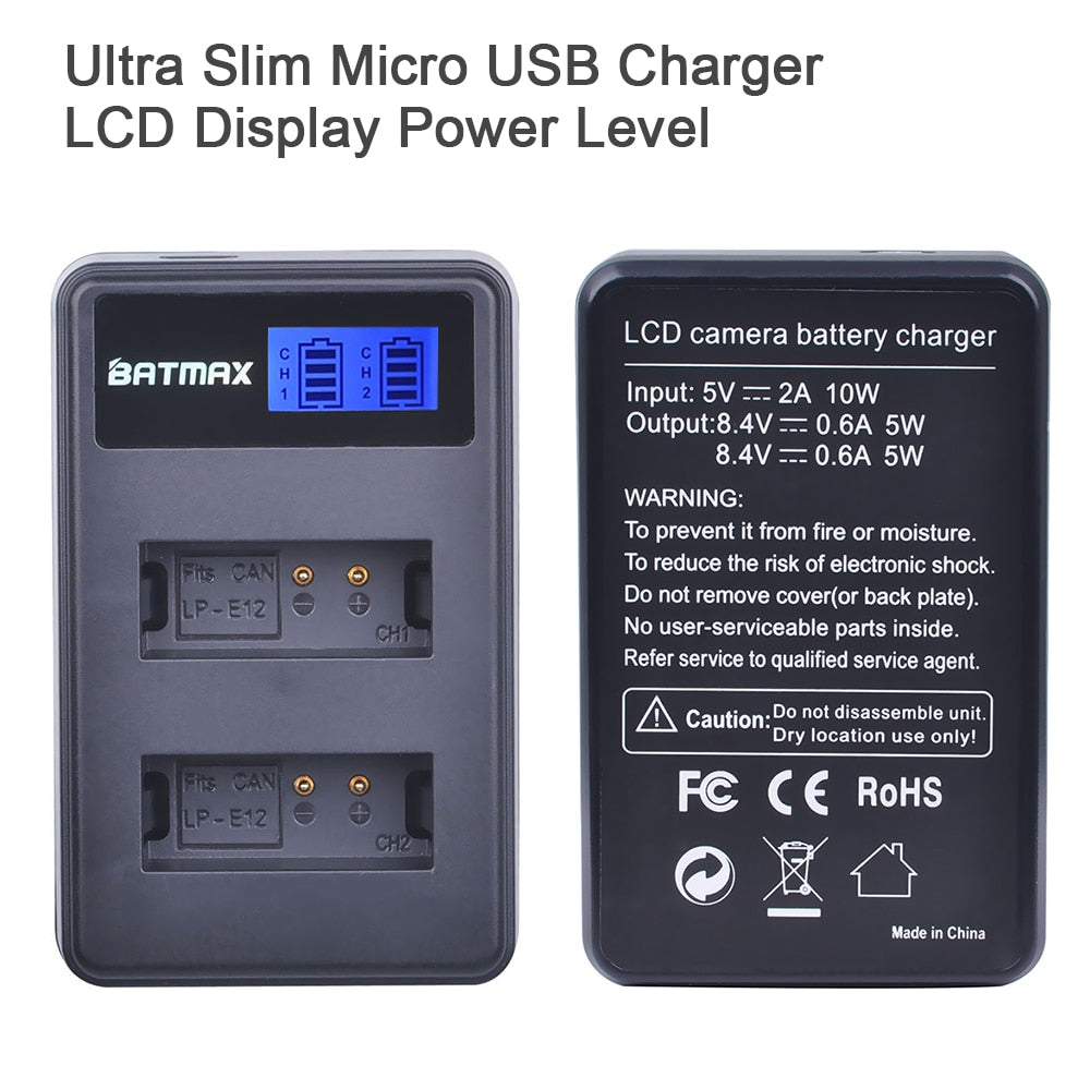 Chargeur double + 2 batteries générique LP E12 pour Canon EOS 100D M10 M50 Kiss X7 Rebel SL1