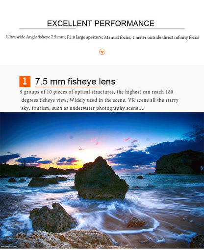 Fisheye 7.5mm F/2.8 pour Fuji, Panasonic, Sony, Canon M