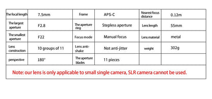Fisheye 7.5mm F/2.8 pour Fuji, Panasonic, Sony, Canon M