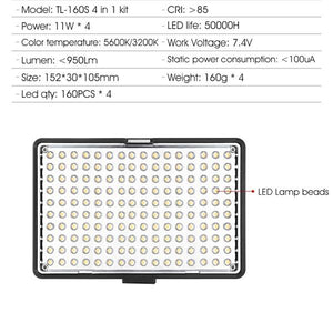 Kit 4 panneaux 160 LED professionnel Samtian TL-160S 5600K avec trépieds batteries chargeurs