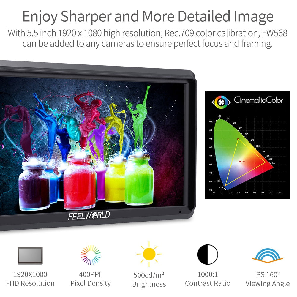 Moniteur FEELWORLD FW568 haute qualité 5.5 pouces Full HD 1920x1080 IPS pour reflex  4K HDMI Inclu