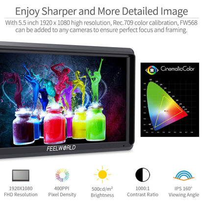 Moniteur FEELWORLD FW568 haute qualité 5.5 pouces Full HD 1920x1080 IPS pour reflex  4K HDMI Inclu