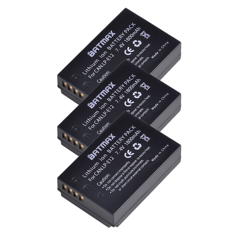 Batteries Batmax haute qualité *3 7.4v 1800mAh LP-E12 pour Canon EOS M M2 100D