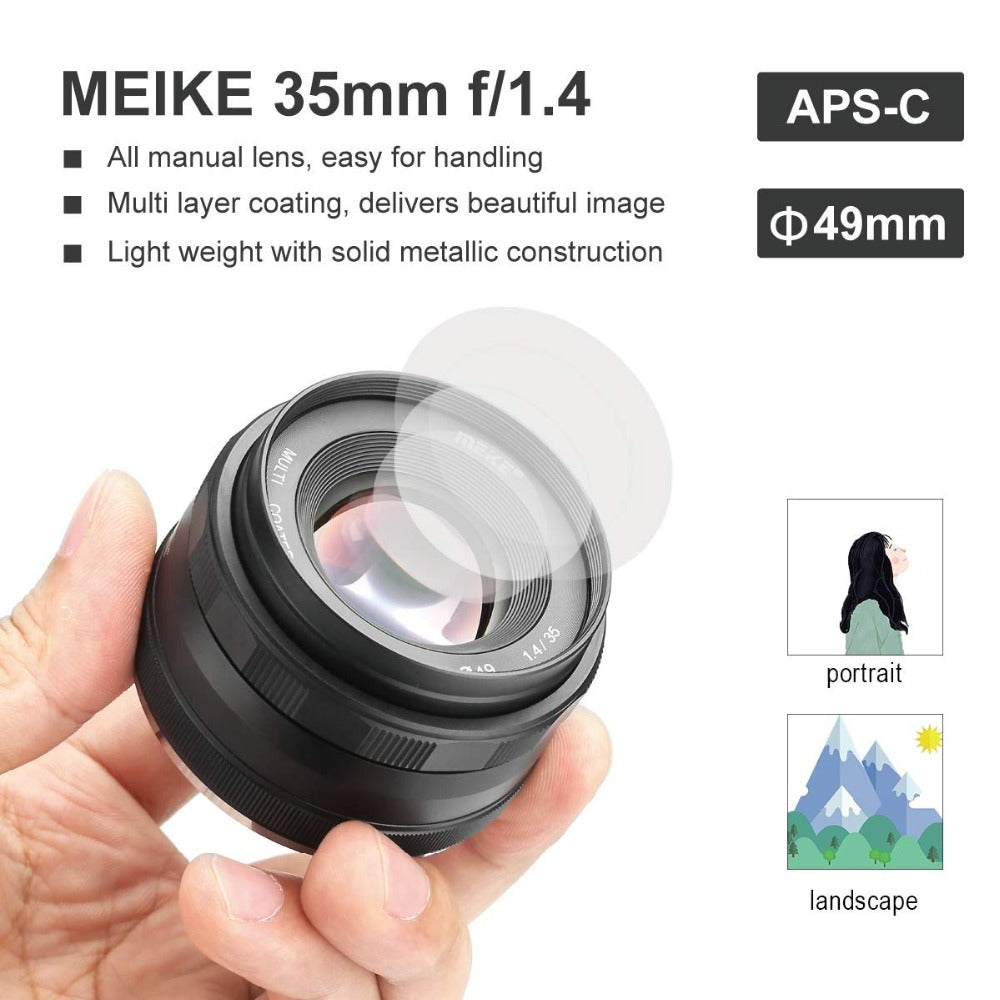 Objectif Meike 35mm f1.4 pour Sony E-mount A7R A6500/Fuji X-T3/Canon EOS-M M6 plein format +APS-C